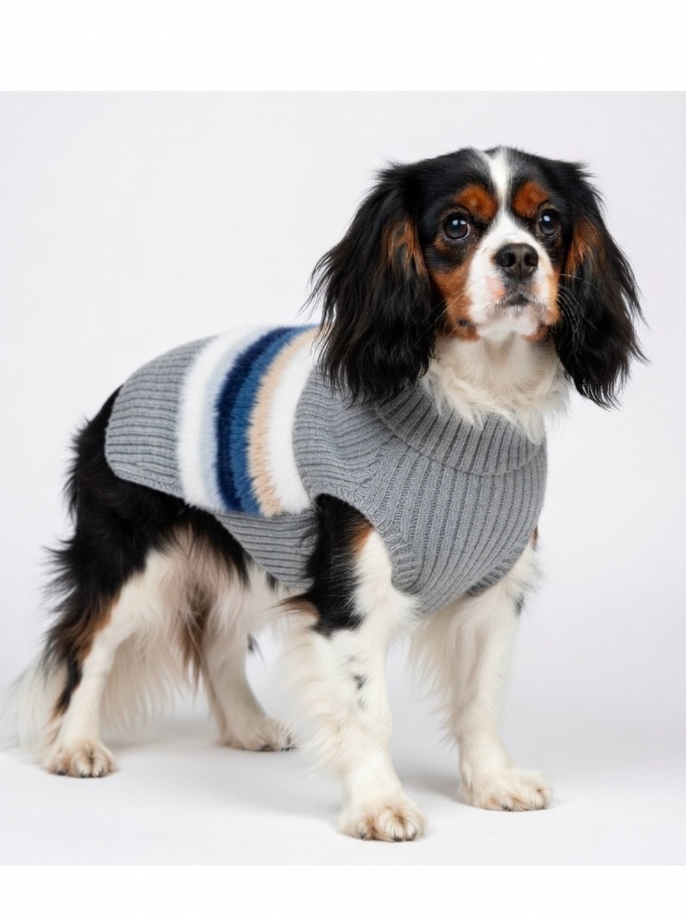 HARRY BARKER Fuzzy Grey & Blue Dog Sweater w Turtleneck